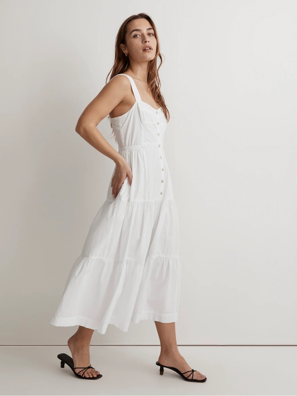 Madewell Button-Front Tiered Midi Dress (Eyelet White, Size 10)